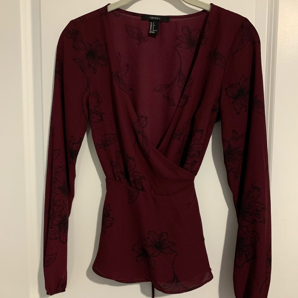 Forever 21 maroon wrap top with floral pattern